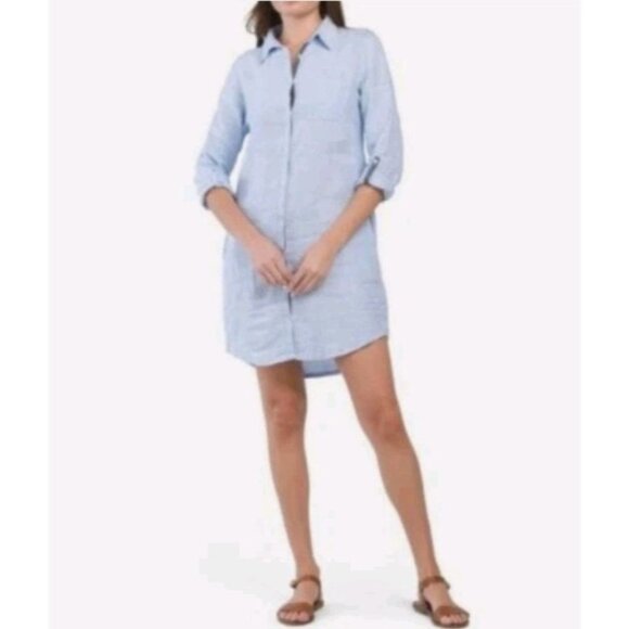 Womens Striped Linen Quiet Luxury Roll Tab Beachy Vacation Sz Large Shirt Dress - Picture 1 of 9